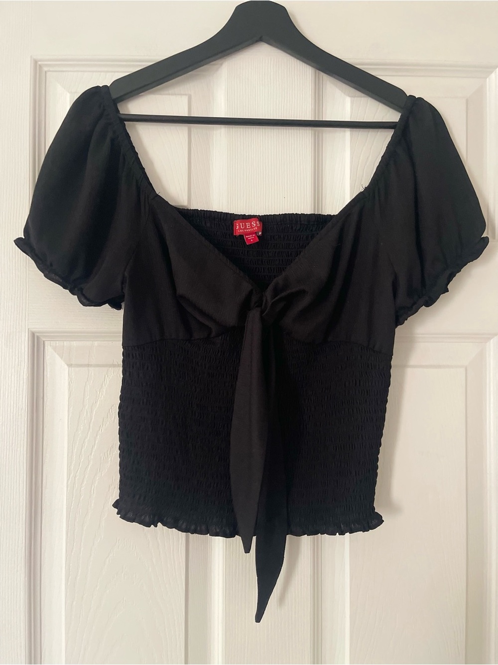 GUESS Black Tie-Front Smocked Puff Sleeve Top cottagecore coquette large